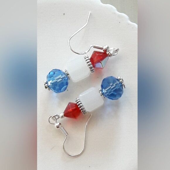 Boho Earrings  420# Red White Blue SilverHooks925Stamp Bohemian White ArtisanMad - Picture 1 of 3